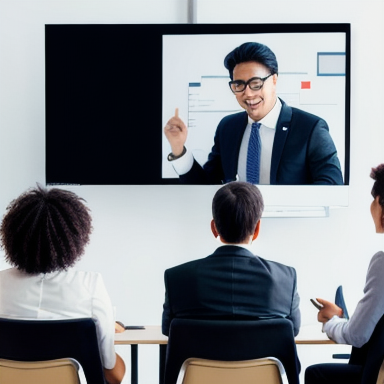 Grupo diverso de pessoas discutindo uma apresentação, apontando para recursos visuais em uma tela