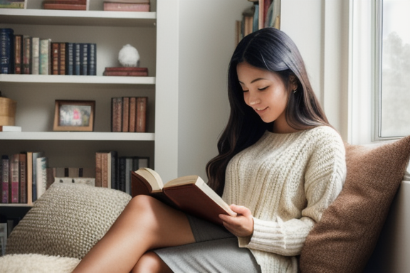 Young woman reading a book in English