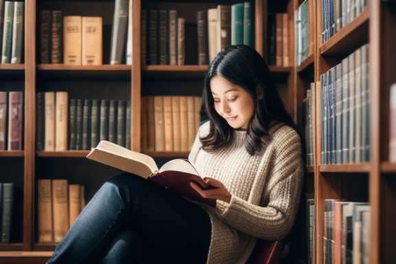 A person reading a book in a cozy library environment