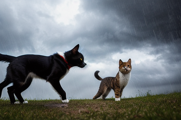 Illustration of cats and dogs falling from the sky during a rainstorm