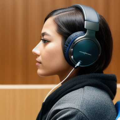 Person wearing headphones listening to an English audio lesson