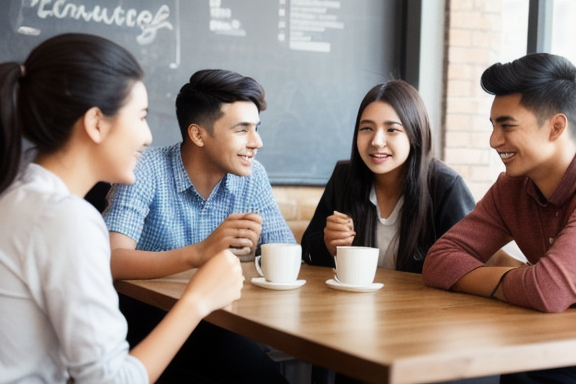 Group of young people speaking English in a cafe